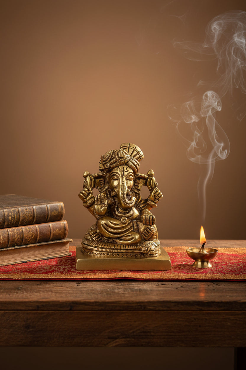 Bejeweled Pagadi Ganesha Brass Murti 3 Inch Handcrafted Decorative Ganpati Idol for Home Puja and Gifting