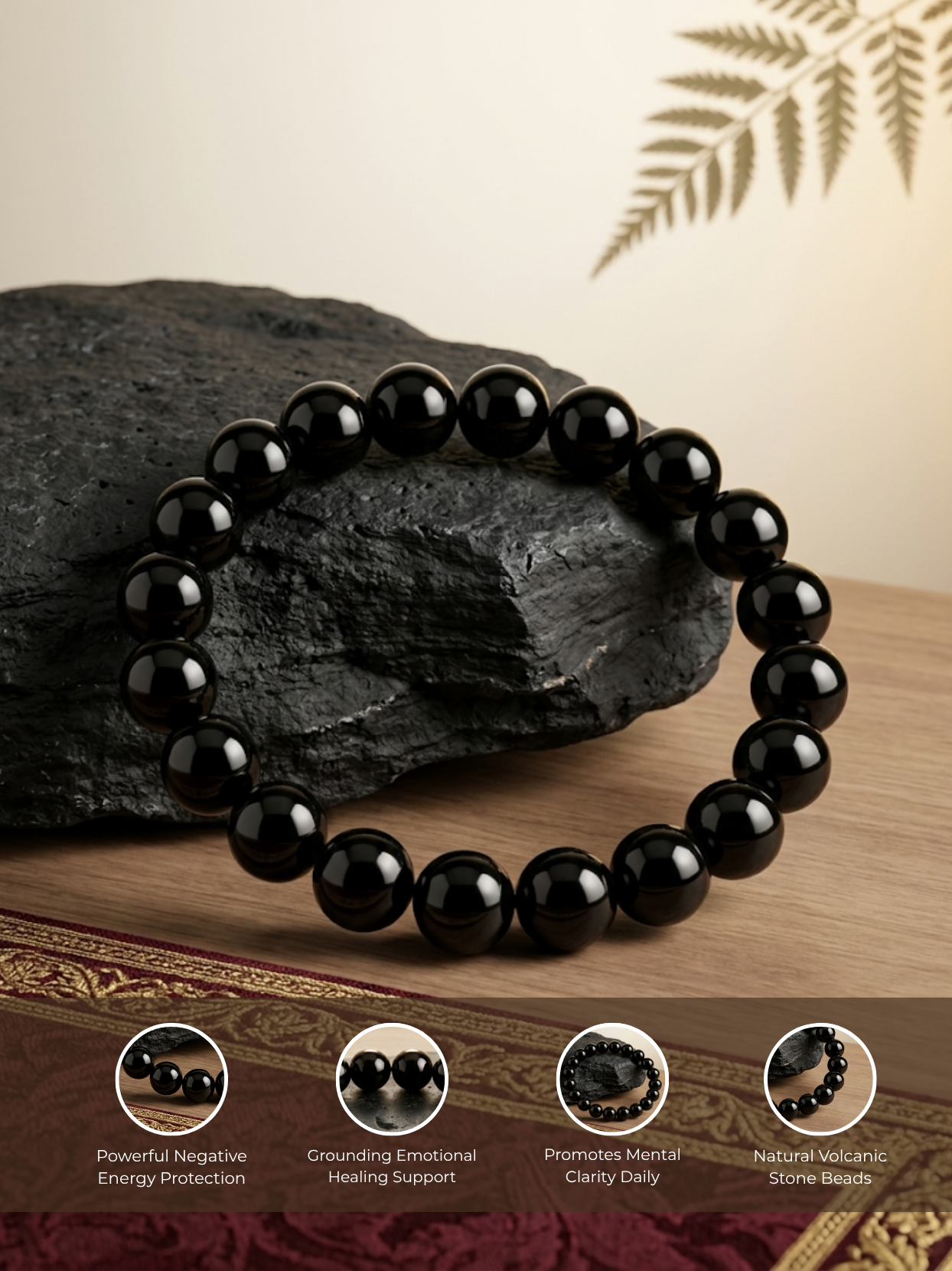 Detailed feature graphic of the Mani Monk Black Obsidian bracelet highlighting the premium natural protective stone material, smooth bead design, and comfortable elastic stretch fit