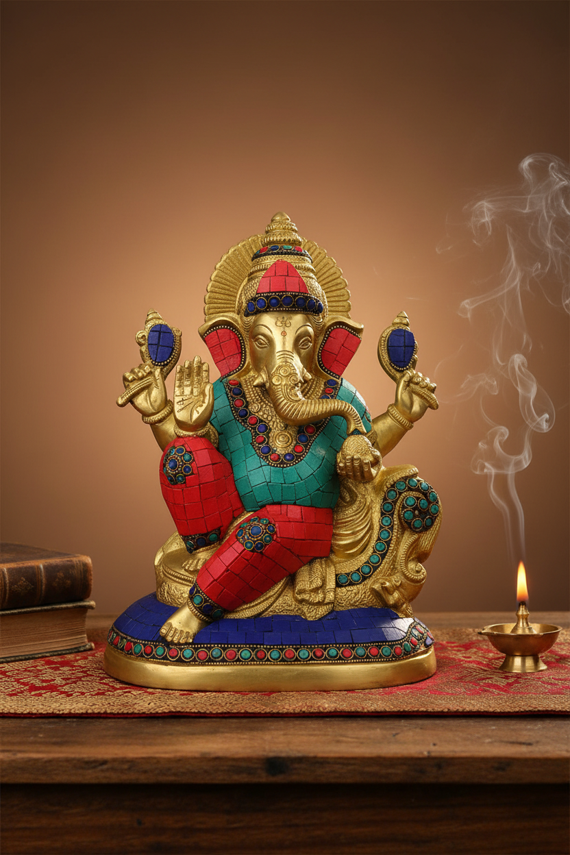 Blessing Ganesh Brass Idol with Vibrant Stone Work 10.5 Inch Premium Handcrafted Murti