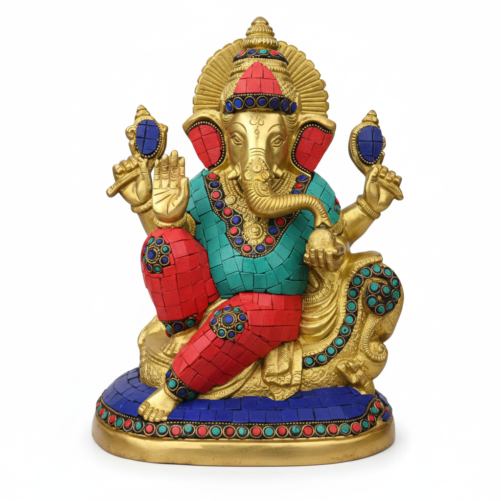 Blessing Ganesh Brass Idol with Vibrant Stone Work 10.5 Inch Premium Handcrafted Murti