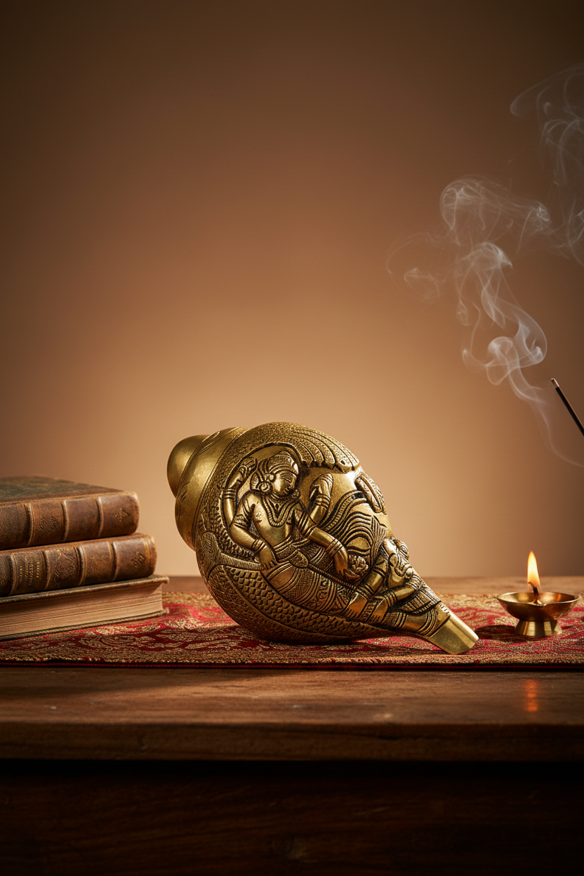 Blowing Brass Shankh With Padmanabha Anant Vishnu and Mor Engraving Handcrafted Pure Brass Conch Shell for Puja