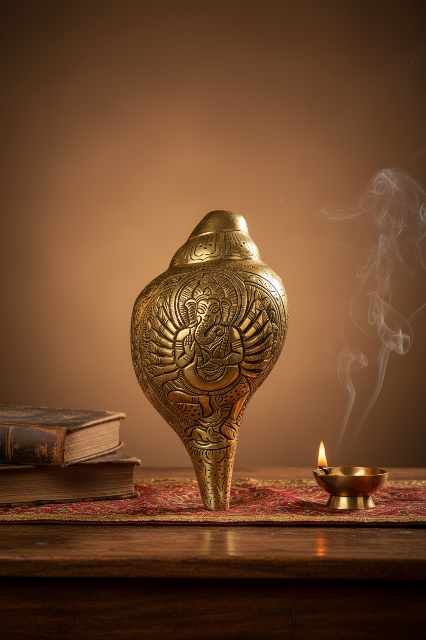 Blowing Brass Shankh With Veer Ganesh Engraving | Functional Pure Brass Conch Shell for Puja