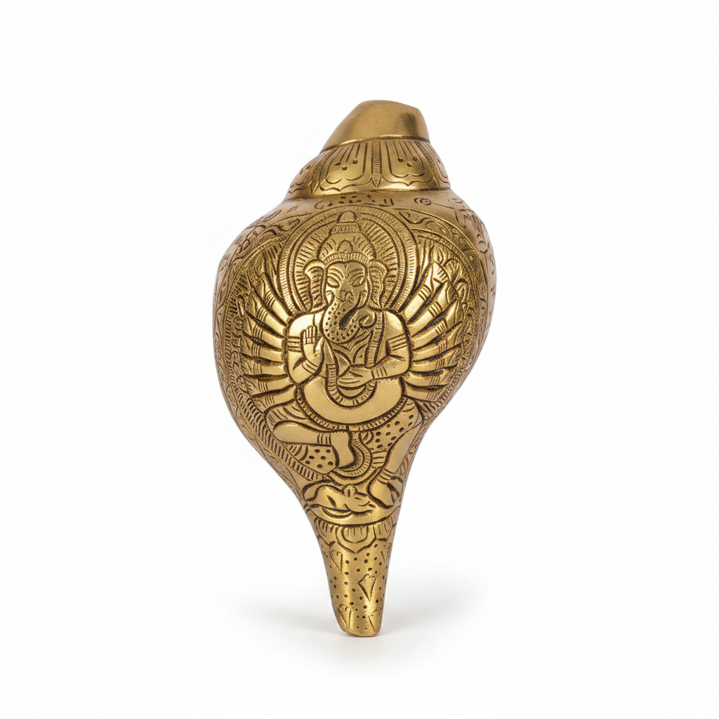 Blowing Brass Shankh With Veer Ganesh Engraving Handcrafted Pure Brass Conch Shell for Puja Mani Monk 