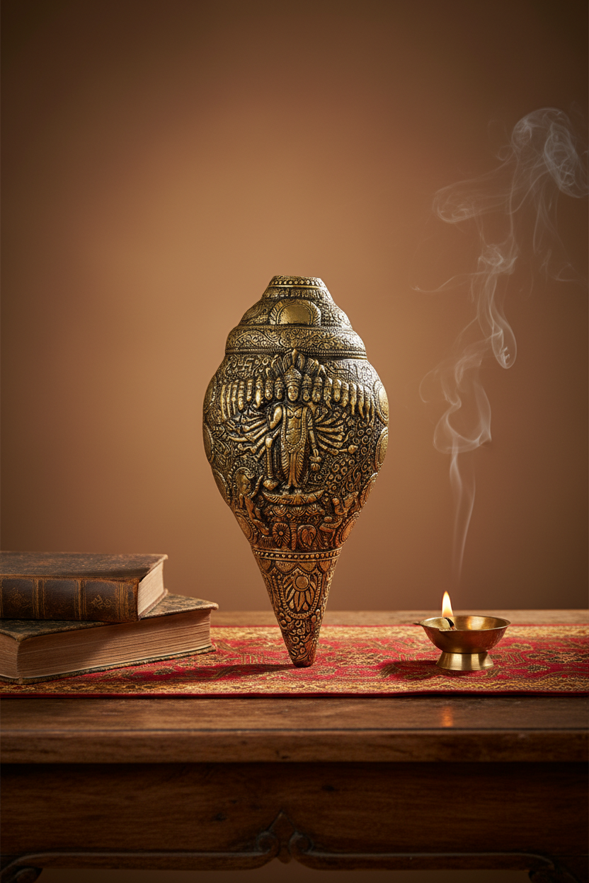 Blowing Brass Shankh With Viraat Vishwarup Vishnu Engraving Handcrafted Pure Brass Conch Shell for Puja
