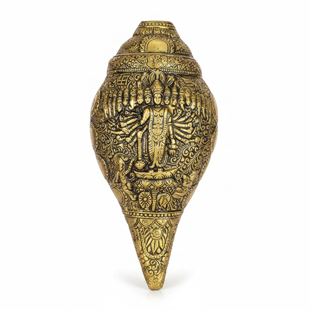 Blowing Brass Shankh With Viraat Vishwarup Vishnu Engraving Handcrafted Pure Brass Conch Shell for Puja
