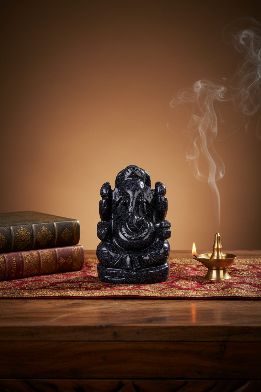 Blue Sunstone Ganesha Idol | Hand-Carved Sacred Figurine | 135 gms - ManiMonk