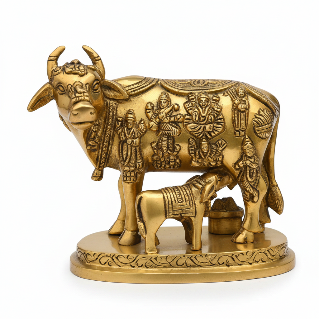 Brass Cow with Calf and Gold Basket Idol Statue for Home Puja and Decor