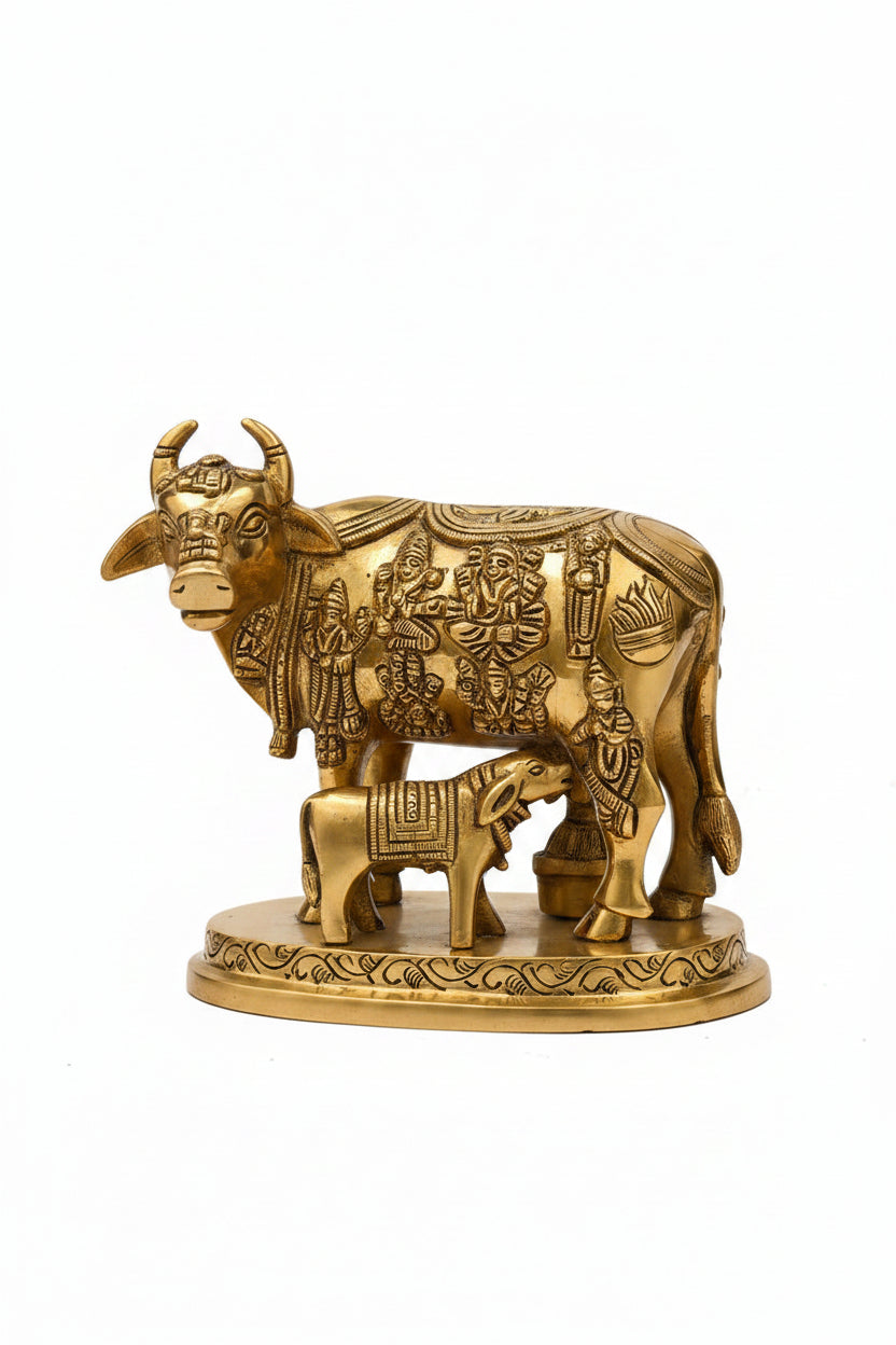 Brass Cow with Calf and Gold Basket Idol Statue for Home Puja and Decor