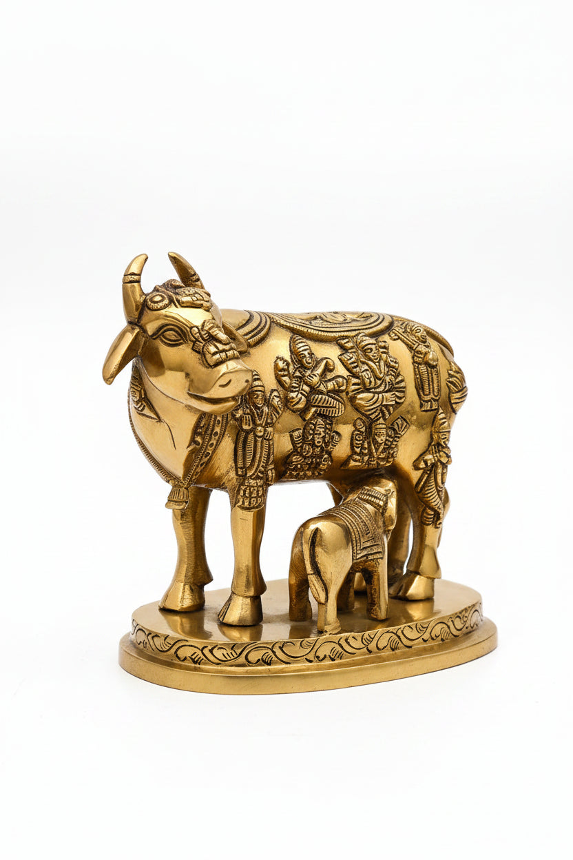 Brass Cow with Calf and Gold Basket Idol Statue for Home Puja and Decor