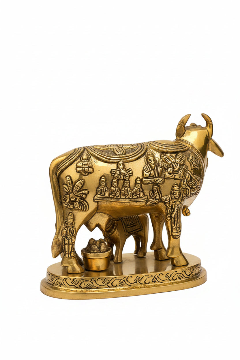 Brass Cow with Calf and Gold Basket Idol Statue for Home Puja and Decor
