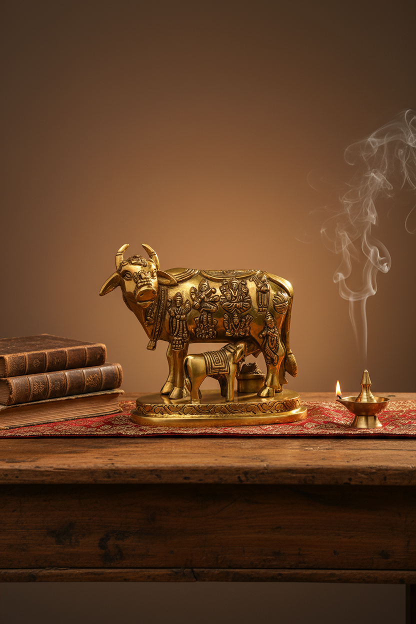 Brass Cow with Calf and Gold Basket Idol Statue for Home Puja and Decor