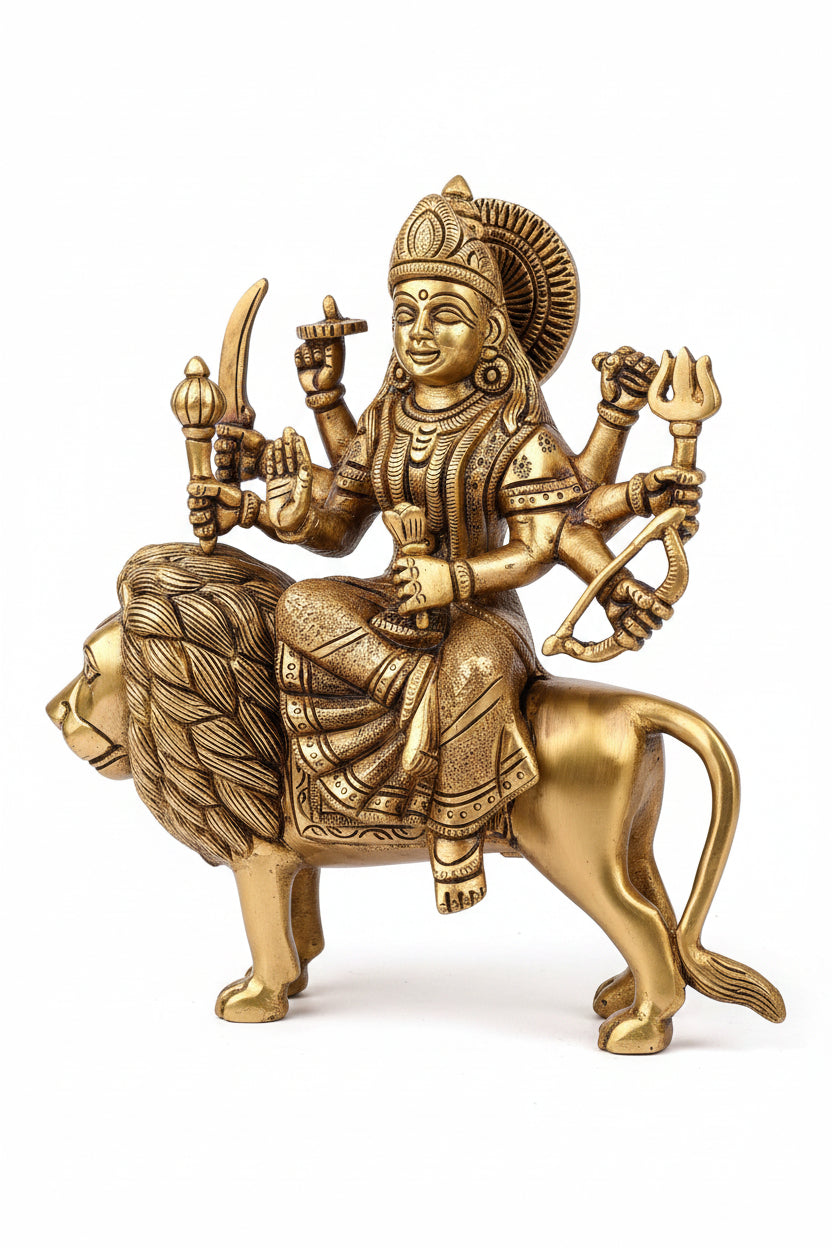Brass Durga Murti 8 Inch Handcrafted Idol for Home Temple Puja - ManiMonk