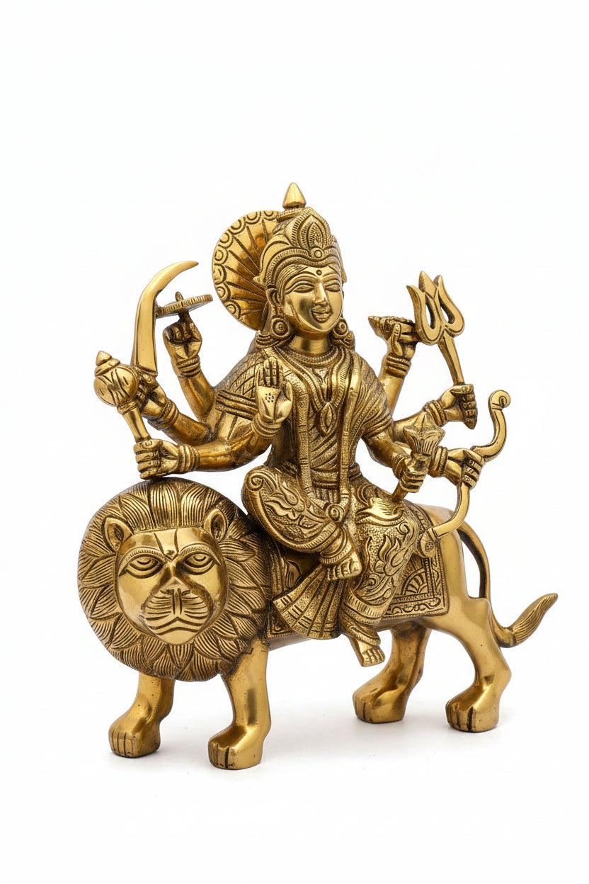 Brass Durga Statue 10.5 Inch Handcrafted Idol for Home Temple Puja - ManiMonk
