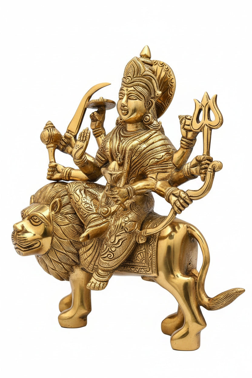 Brass Durga Statue 10.5 Inch Handcrafted Idol for Home Temple Puja - ManiMonk