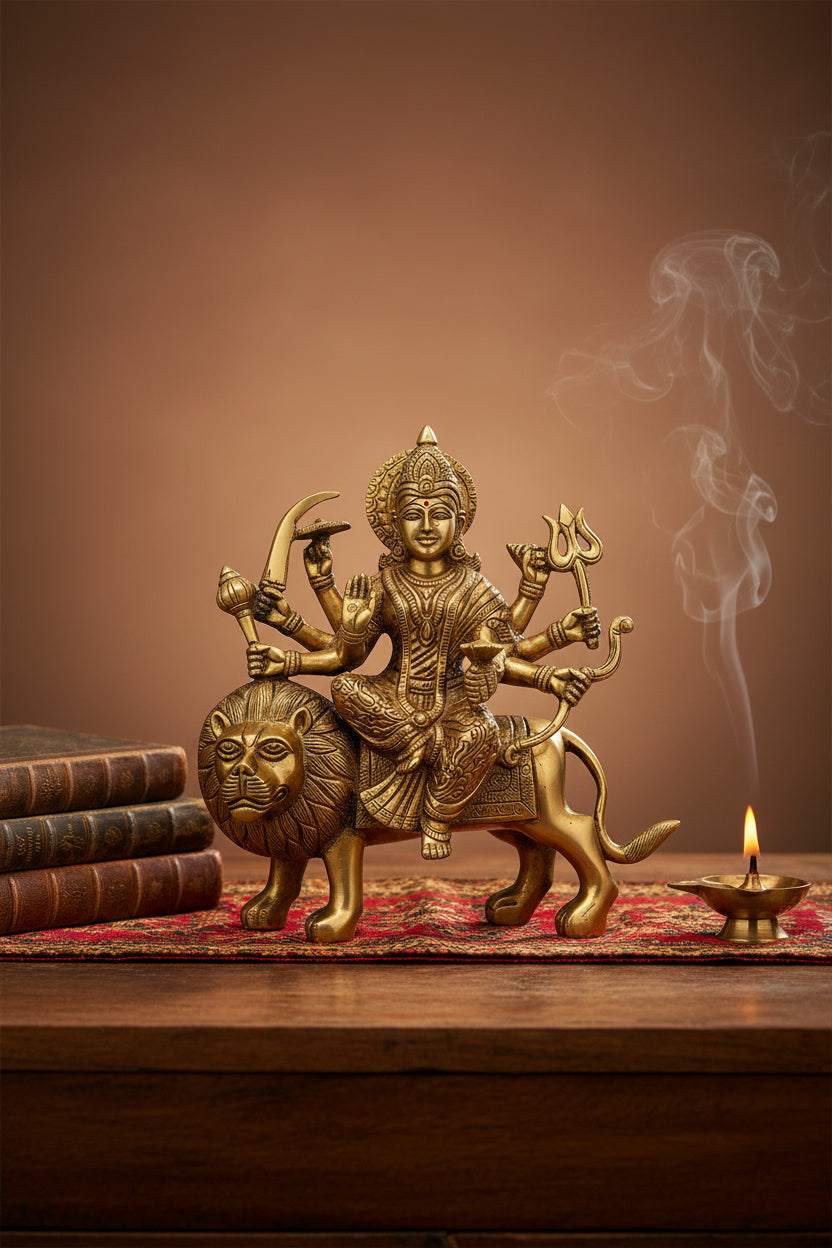 Brass Durga Statue 10.5 Inch Handcrafted Idol for Home Temple Puja