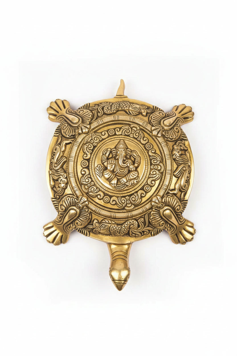 Brass Ganesh Engraving Vastu Kurma 12 Inch Grand 2.71 Kg Handcrafted Ganesha Sacred Tortoise Plate for Home and Office Vastu