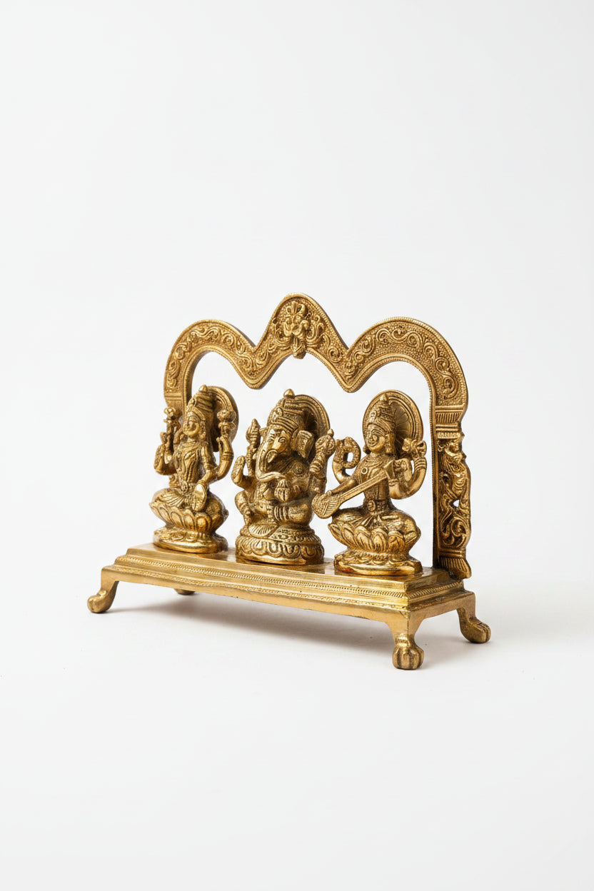 Brass Ganesh Laxmi Saraswati Statue Handcrafted Sacred Trio Idol for Home Puja and Office - ManiMonk