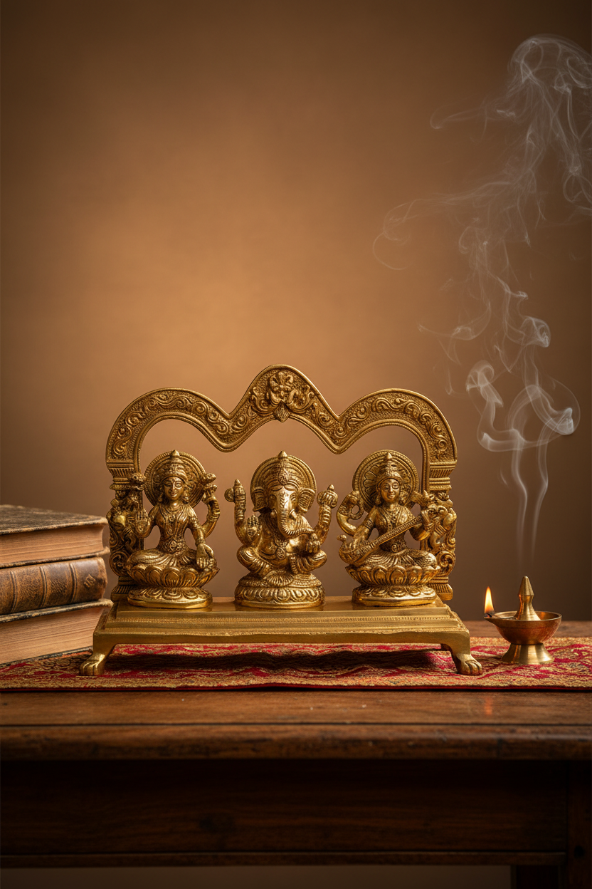 Brass Ganesh Laxmi Saraswati Statue | Sacred Trio Idol for Home & Office - ManiMonk