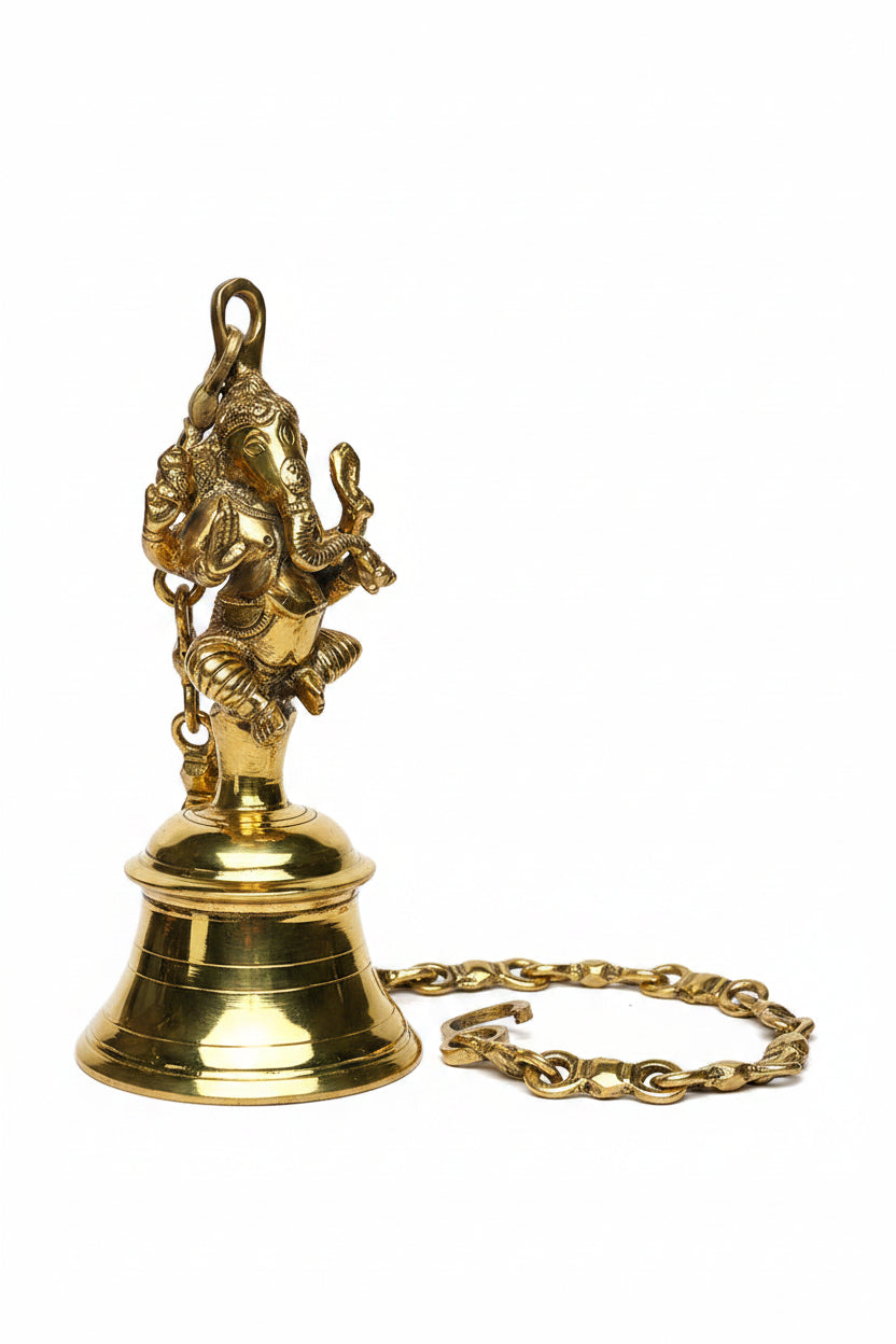 Brass Hanging Ganesh Puja Bell 9.5 Inch Handcrafted Sacred Temple Bell for Home Mandir and Pooja Room