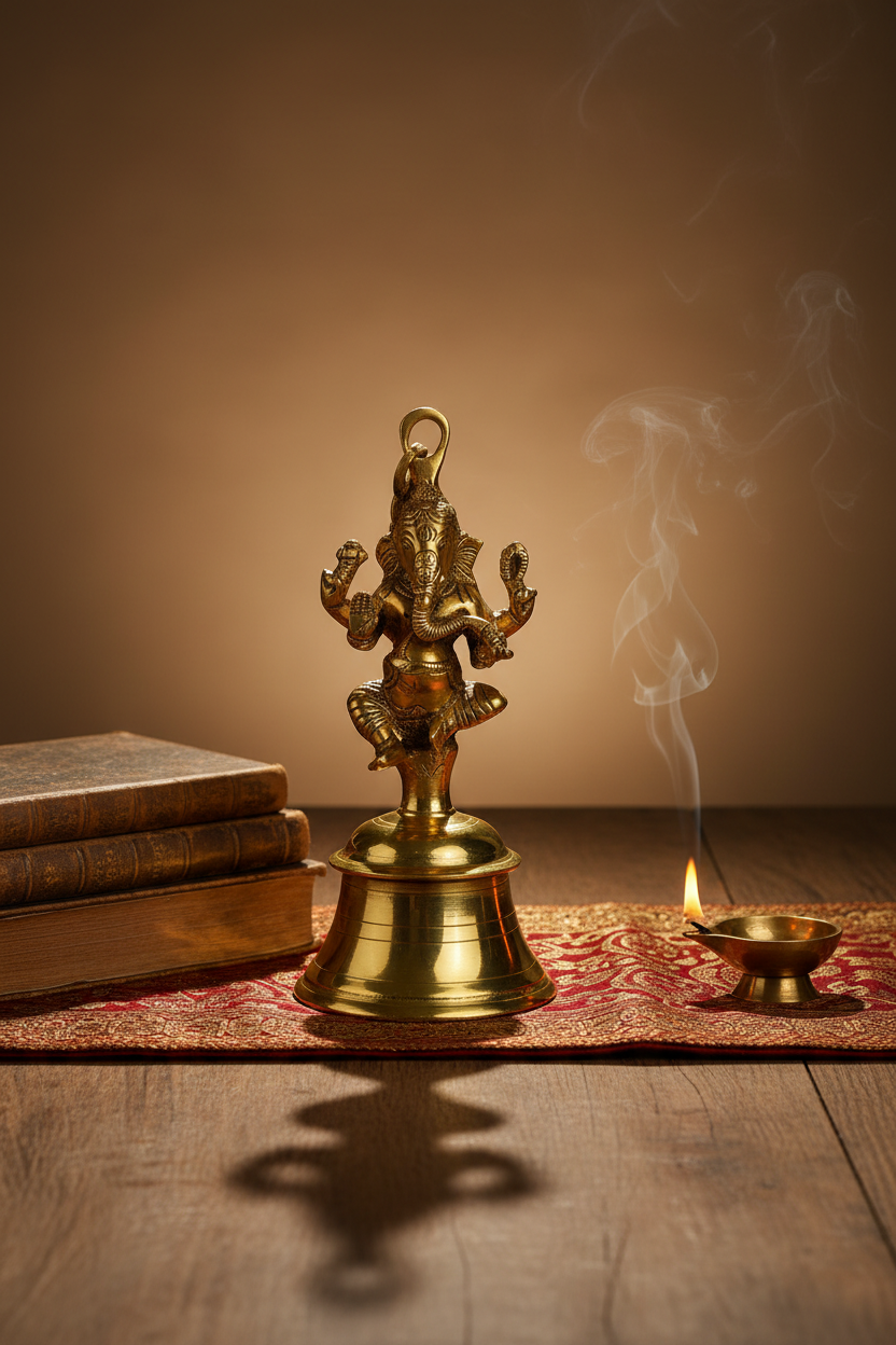 Brass Hanging Ganesh Puja Bell 9.5 Inch Handcrafted Sacred Temple Bell for Home Mandir and Pooja Room