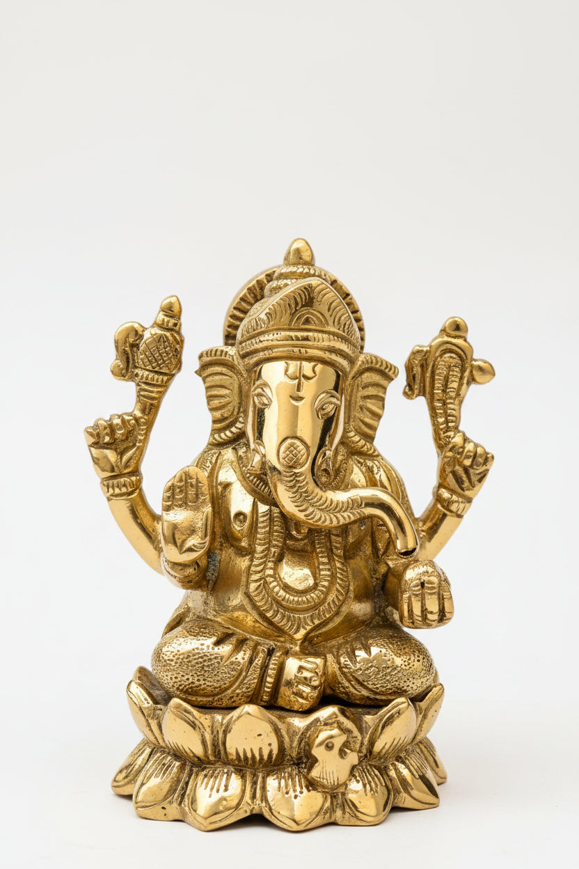 Brass Lakshmi Ganesh Idol on Lotus Set of 3 Idols 4.2 Inch - ManiMonk