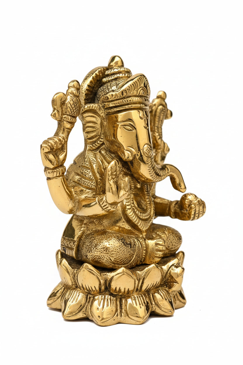 Brass Lakshmi Ganesh Idol on Lotus Set of 3 Idols 4.2 Inch - ManiMonk