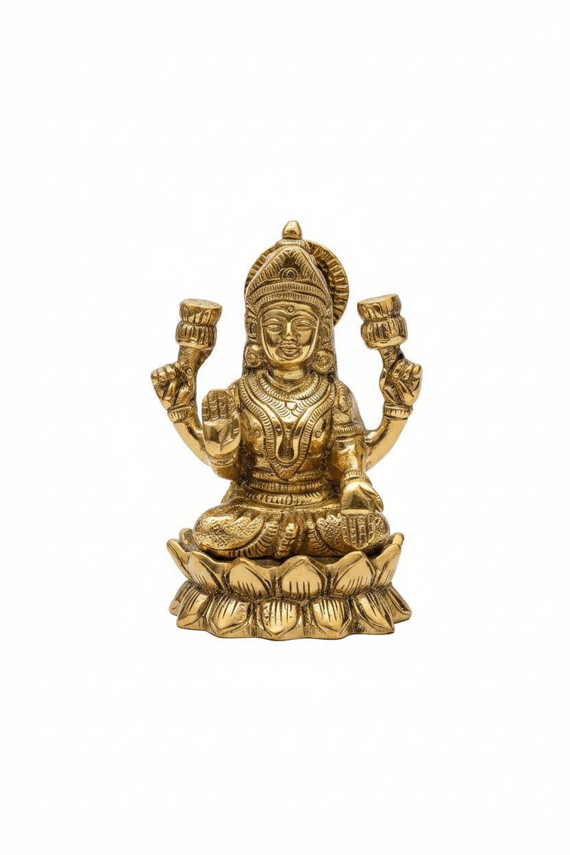 Brass Lakshmi Ganesh Idol on Lotus Set of 3 Idols 4.2 Inch - ManiMonk