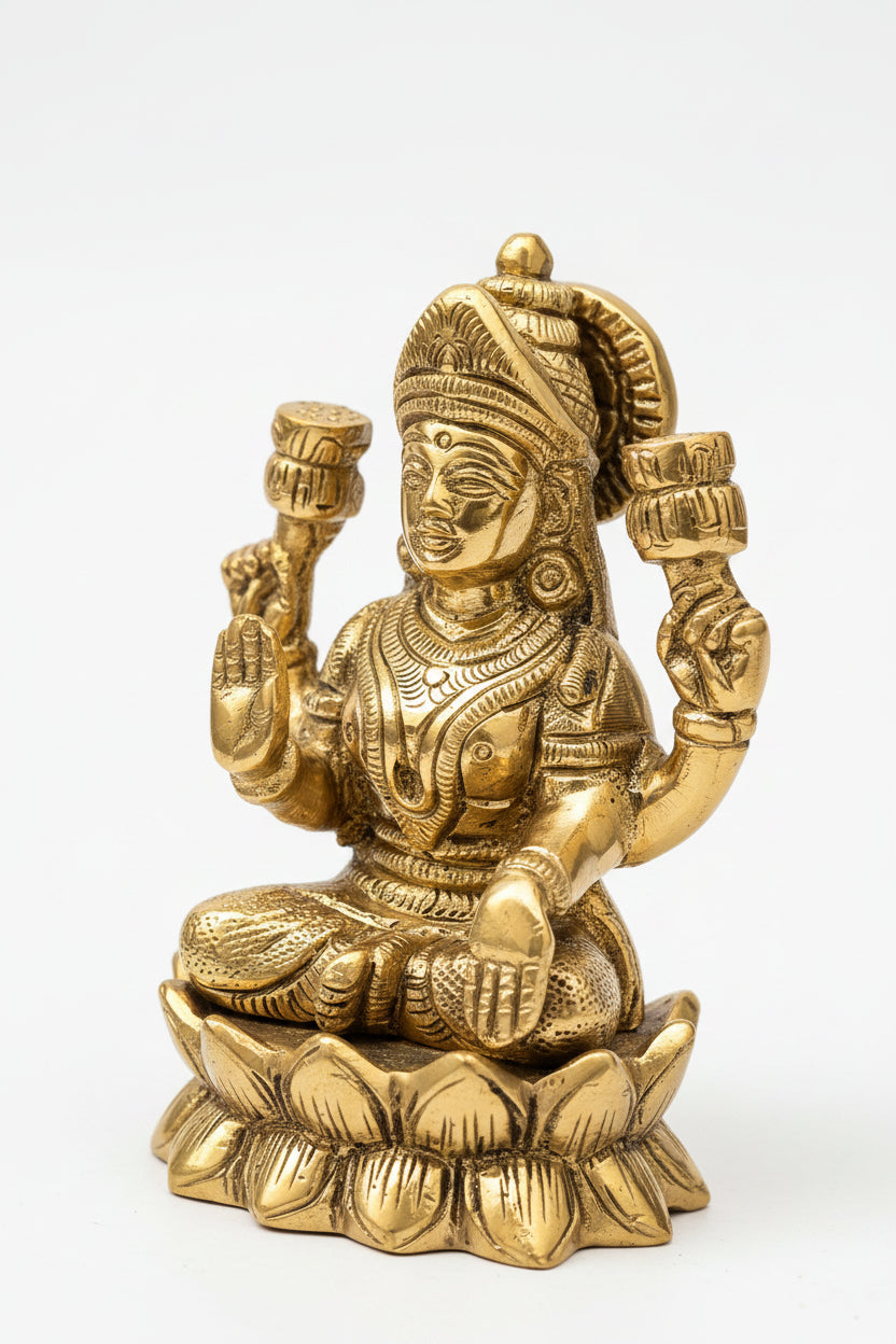 Brass Lakshmi Ganesh Idol on Lotus Set of 3 Idols 4.2 Inch - ManiMonk