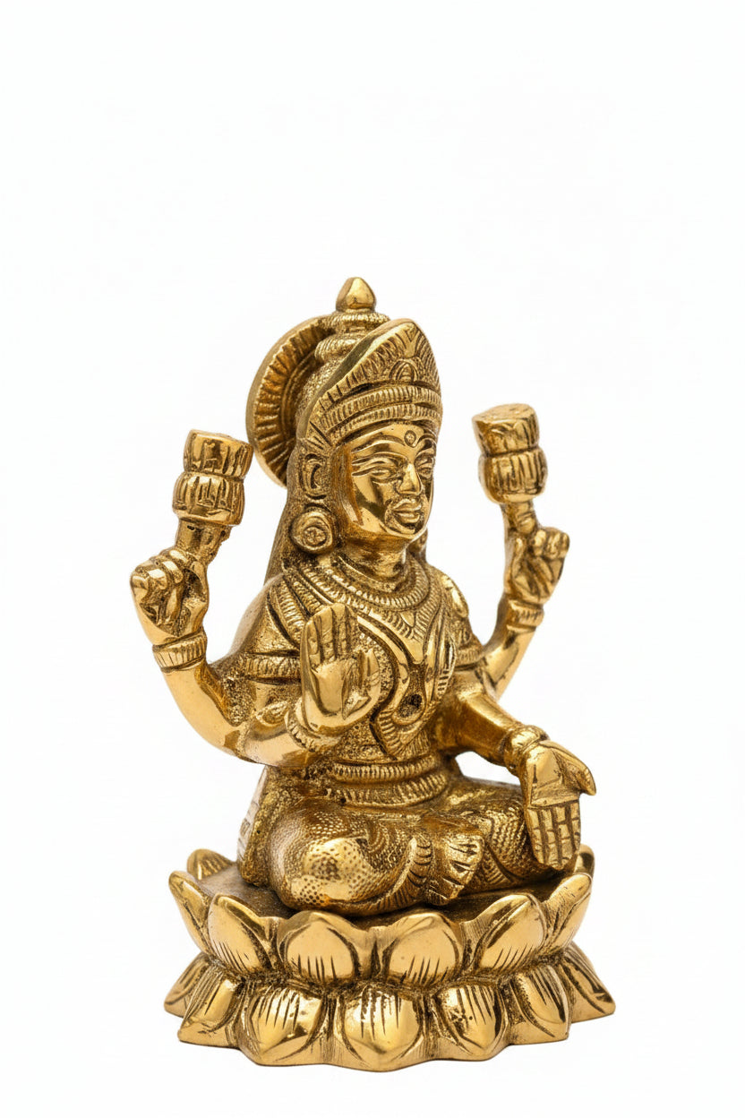 Brass Lakshmi Ganesh Idol on Lotus Set of 3 Idols 4.2 Inch - ManiMonk