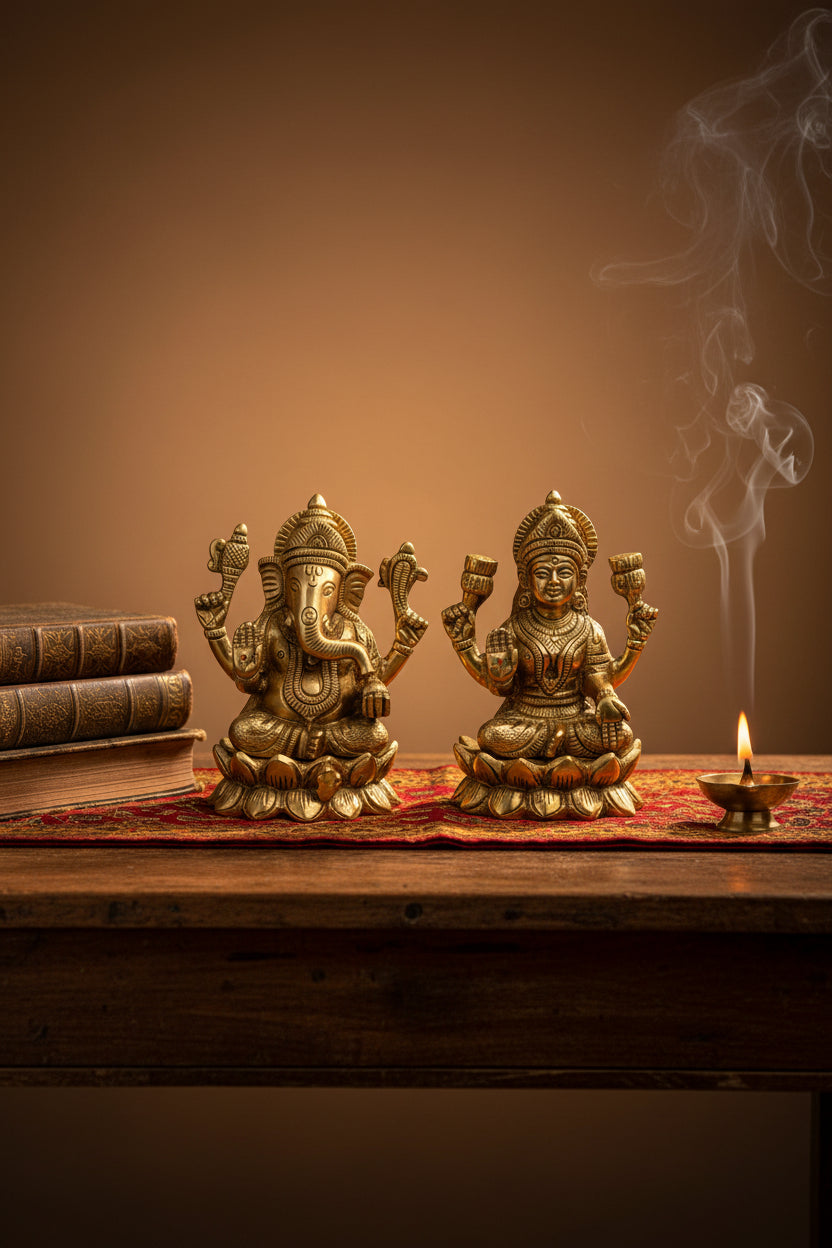 Brass Lakshmi Ganesh Idol on Lotus Set of 3 Idols 4.2 Inch