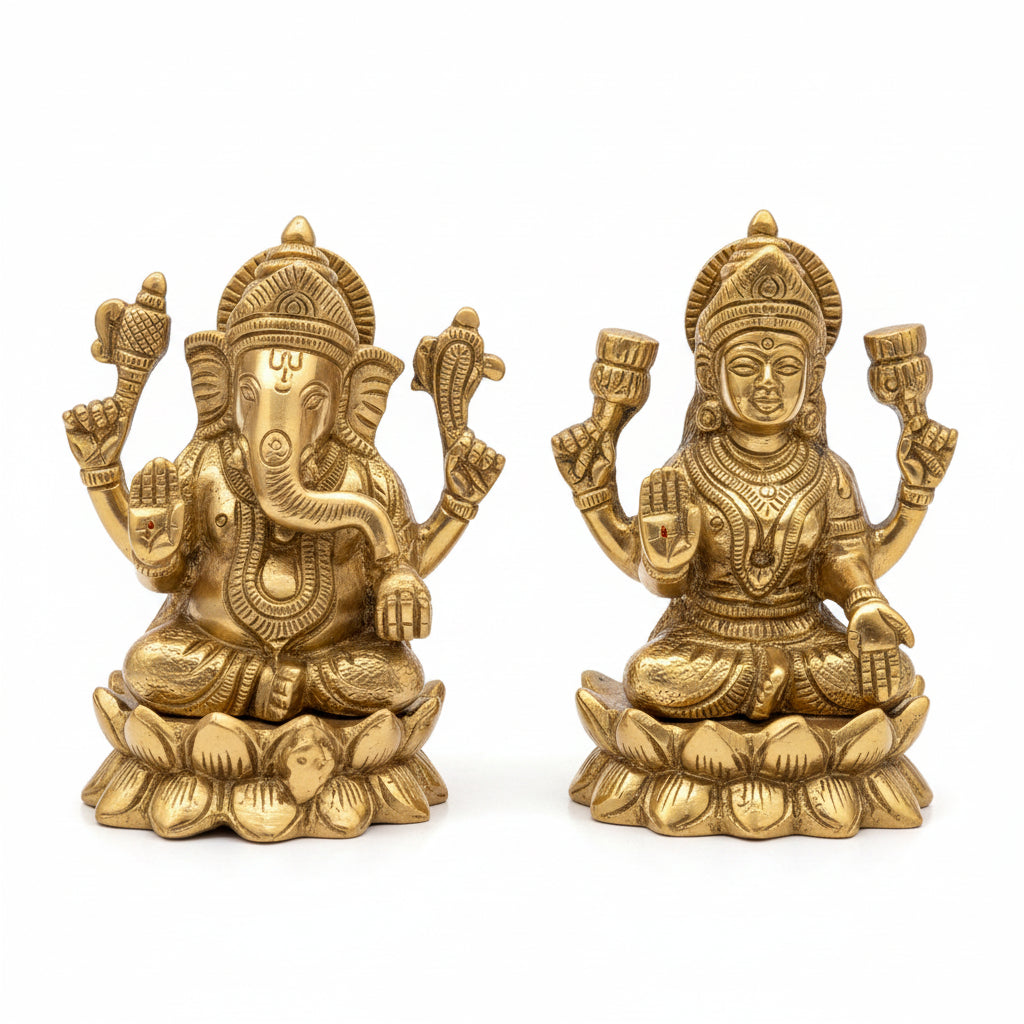 Brass Lakshmi Ganesh Idol on Lotus Set of 3 Idols 4.2 Inch
