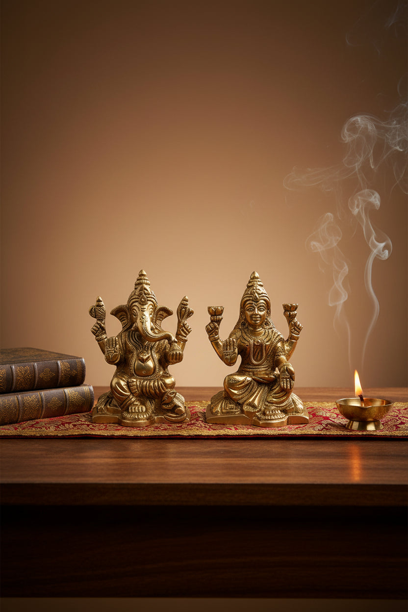 Brass Laxmi Ganesh Idol Set for Home Puja and Office Decor 3.5 Inch