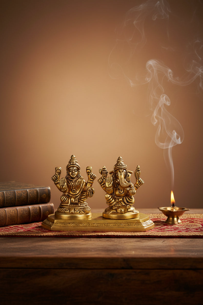 Brass Laxmi Ganesh Murti Handcrafted Sacred Idol for Home Puja Mandir and Gifting