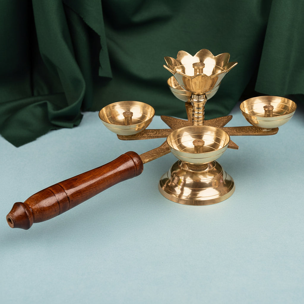 Brass Panch Aarti Diya with Wooden Handle | Traditional 5 Wick Brass Aarti Lamp for Pooja, Temple & Festivals | 11 Inch