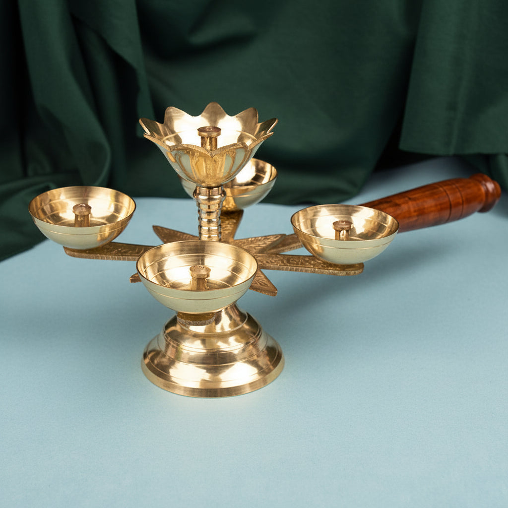 Brass Panch Aarti Diya with Wooden Handle | Traditional 5 Wick Brass Aarti Lamp for Pooja, Temple & Festivals | 11 Inch