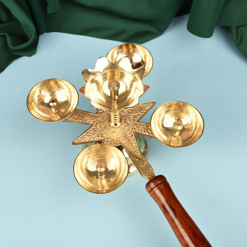 Brass Panch Aarti Diya with Wooden Handle | Traditional 5 Wick Brass Aarti Lamp for Pooja, Temple & Festivals | 11 Inch