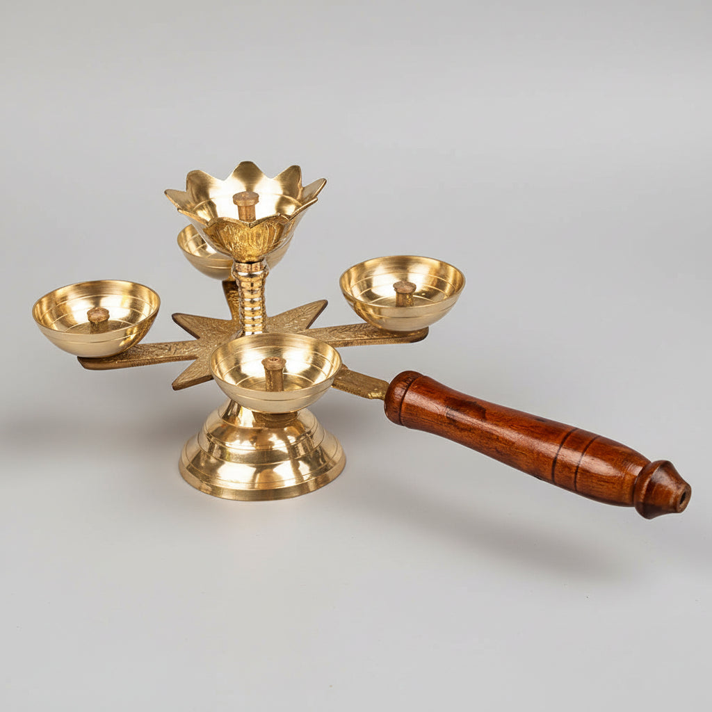 Brass Panch Aarti Diya with Wooden Handle | Traditional 5 Wick Brass Aarti Lamp for Pooja, Temple & Festivals | 11 Inch