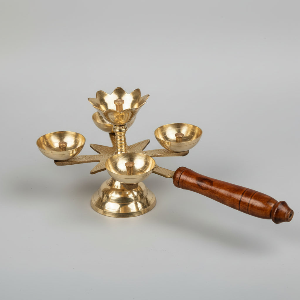 Brass Panch Aarti Diya with Wooden Handle | Traditional 5 Wick Brass Aarti Lamp for Pooja, Temple & Festivals | 11 Inch
