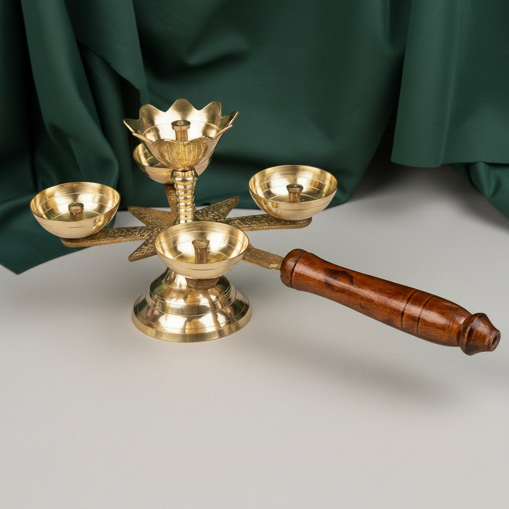Brass Panch Aarti Diya with Wooden Handle | Traditional 5 Wick Brass Aarti Lamp for Pooja, Temple & Festivals | 11 Inch