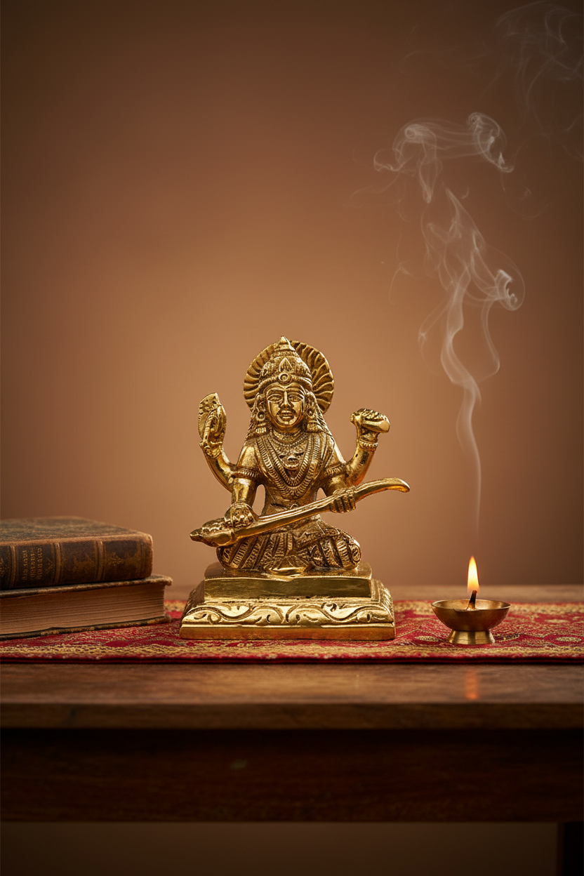 Brass Saraswati Idol 3.3 Inch Handcrafted Murti for Home Temple and Puja
