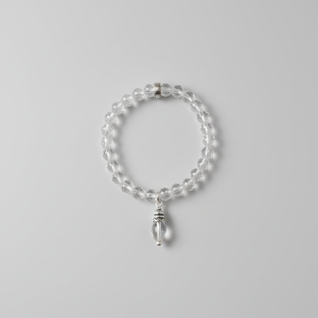 Round Faceted Sphatik Bracelet in Elastic with Trinklet-10 mm