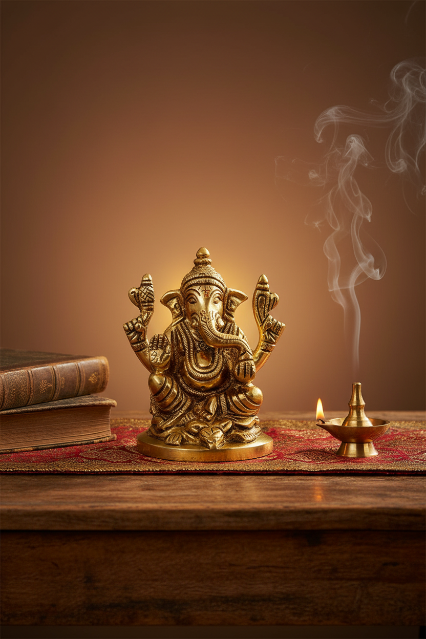 Chaturbhuj Ganesh Brass Idol 3.2 Inch Handcrafted Pure Brass Four Armed Ganesha Murti