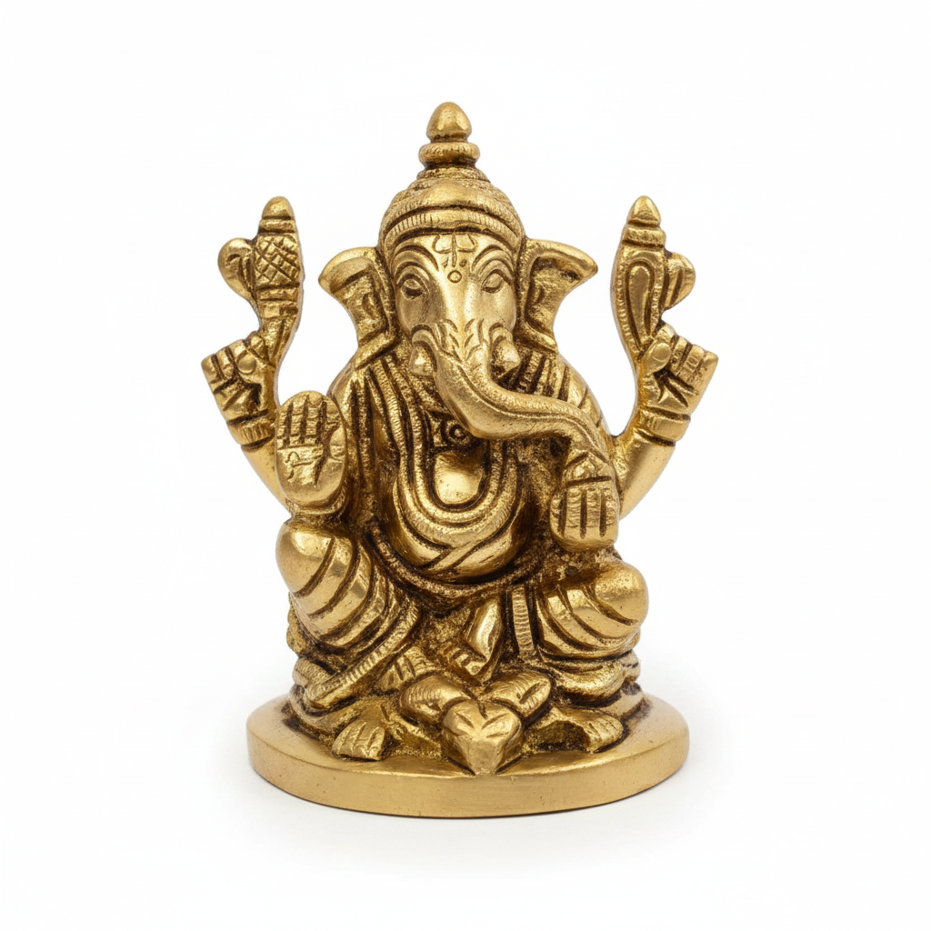 Chaturbhuj Ganesh Brass Idol 3.2 Inch Handcrafted Pure Brass Four Armed Ganesha Murti