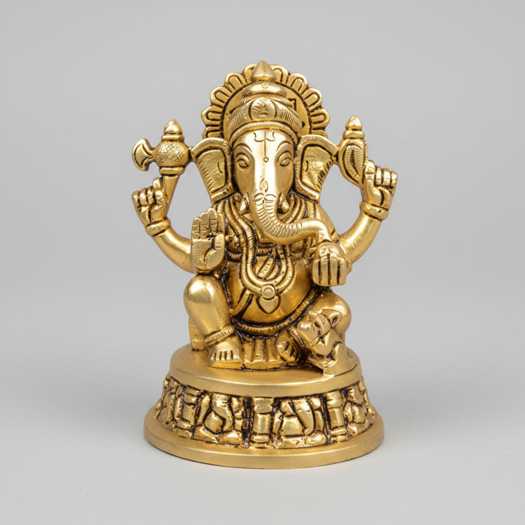 Chaturbhuj Ganesh Brass Idol with Ashtavinayak Base Handcrafted Premium Murti for Puja Home Temple