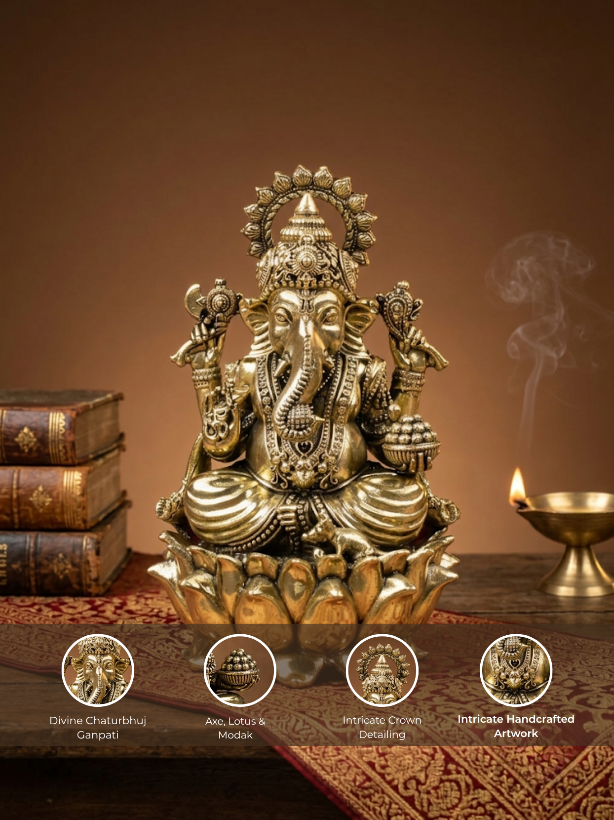 Chaturbhuj Ganpati Ashtadhatu Idol Four-Armed Ganesha Energised Murti - ManiMonk