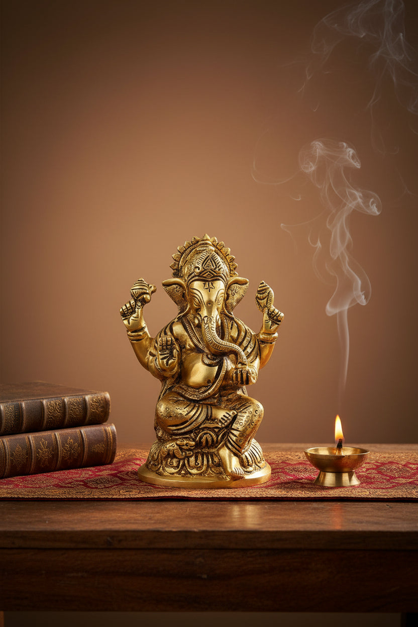 Chaturbhuj Kamal Ganesh Brass Idol 4.1 Inch Handcrafted Solid Brass Statue for Home Mandir Pooja Room and Gifting