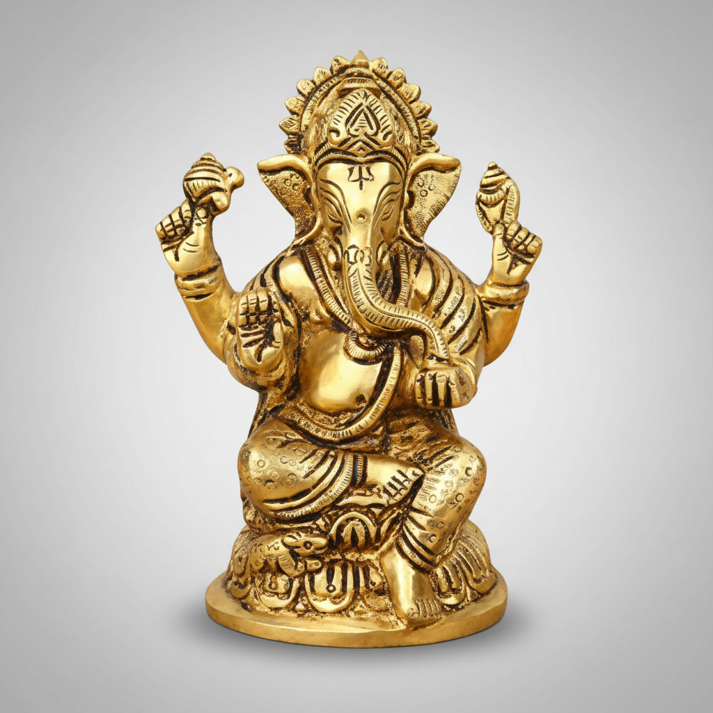 Chaturbhuj Kamal Ganesh Brass Idol 4.1 Inch Handcrafted Solid Brass Statue for Home Mandir Pooja Room and Gifting