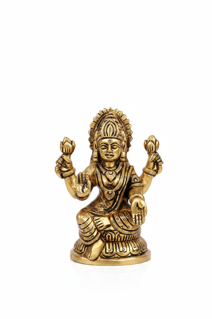 Chaturbhuj Mahalakshmi Brass Idol 4.1 Inch Handcrafted Four Armed Goddess Mahalakshmi Murti for Home Temple and Gifting
