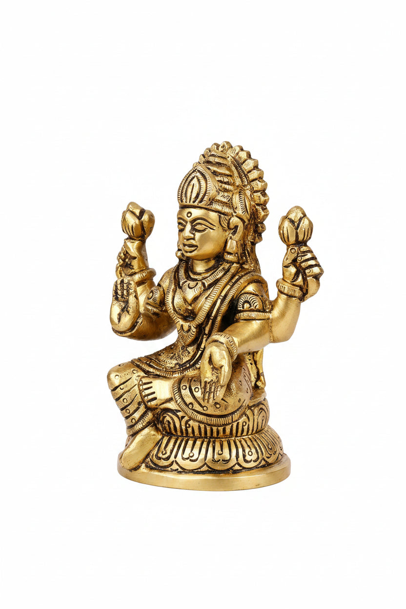 Chaturbhuj Mahalakshmi Brass Idol 4.1 Inch Handcrafted Four Armed Goddess Mahalakshmi Murti for Home Temple and Gifting