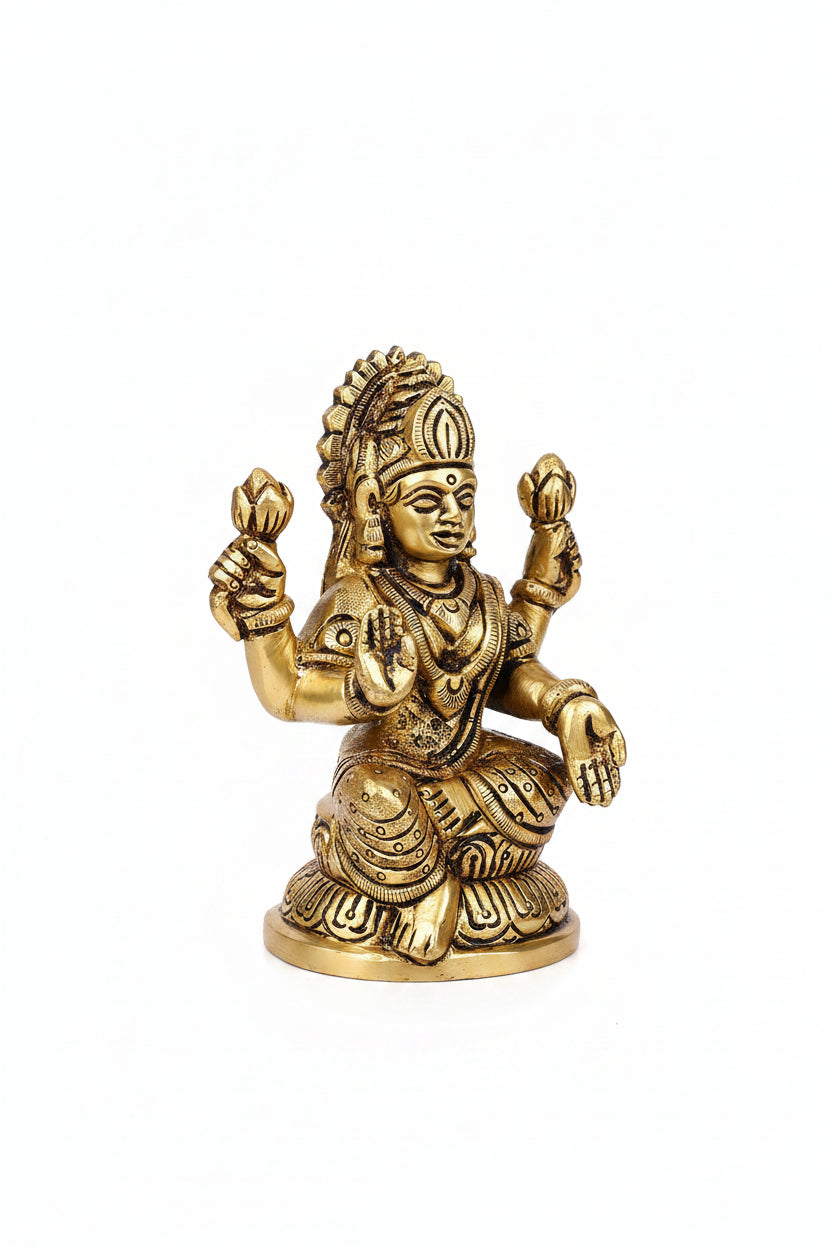 Chaturbhuj Mahalakshmi Brass Idol 4.1 Inch Handcrafted Four Armed Goddess Mahalakshmi Murti for Home Temple and Gifting
